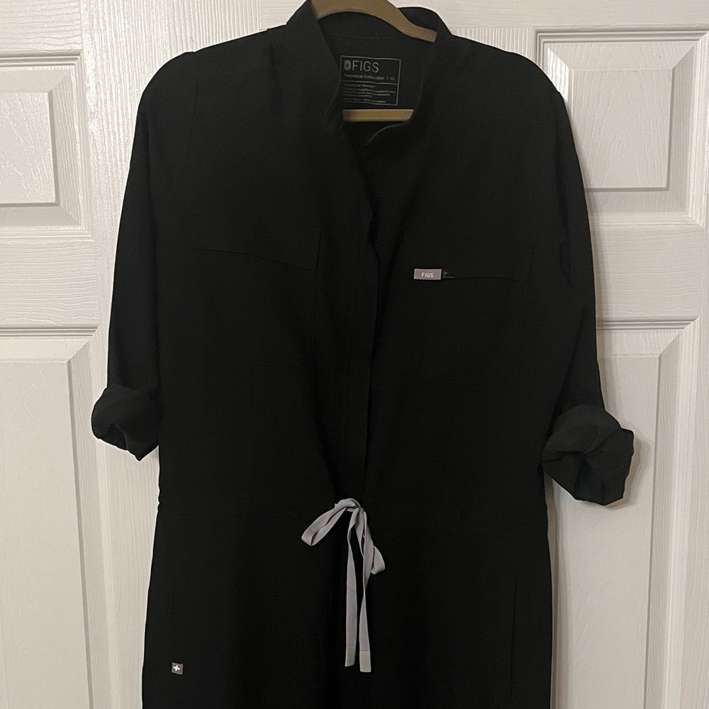 Figs Black Scrub Overalls with Gray Drawstring